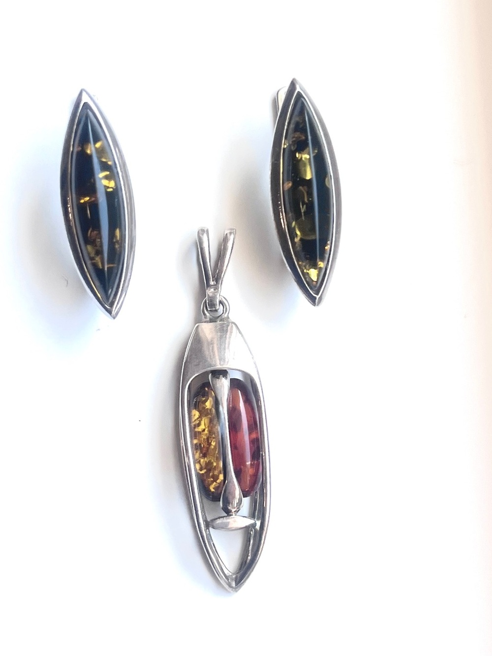 925 Silver Baltic Amber SET Green & Honey Reversible Swivel Pendant & Earrings